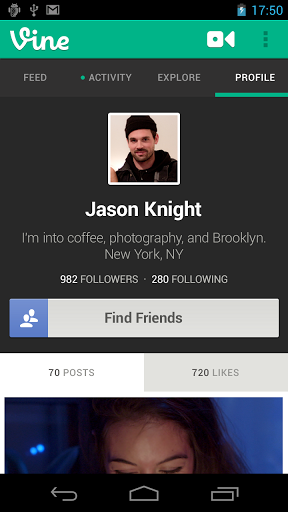 Vue du profil Vine sur Android