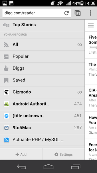 Menu de Digg Reader sur la version Web mobile