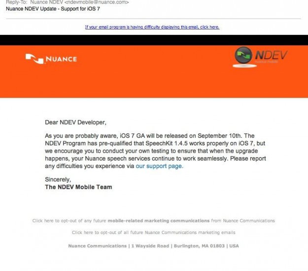 Nuance aurait reçu un mail pour le lancement de iOS 7 le 10 septembre prochain