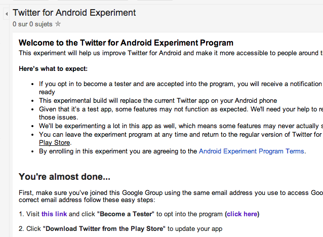 Le Google Group permet de s'inscrire au programme bêta testeur de Twitter sur Android