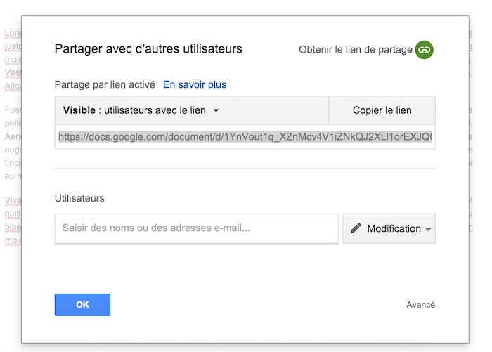 Partage d'un document dans Google Docs