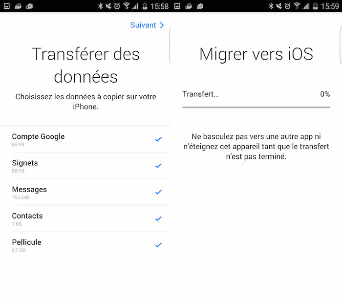 Move to iOS : choix des données à migrer