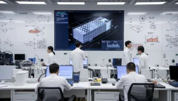 a group of people in lab coats in front of a large screen