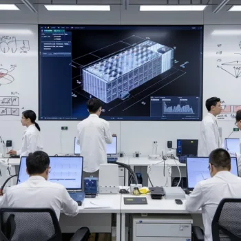 a group of people in lab coats in front of a large screen