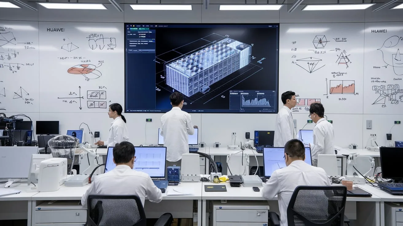 a group of people in lab coats in front of a large screen