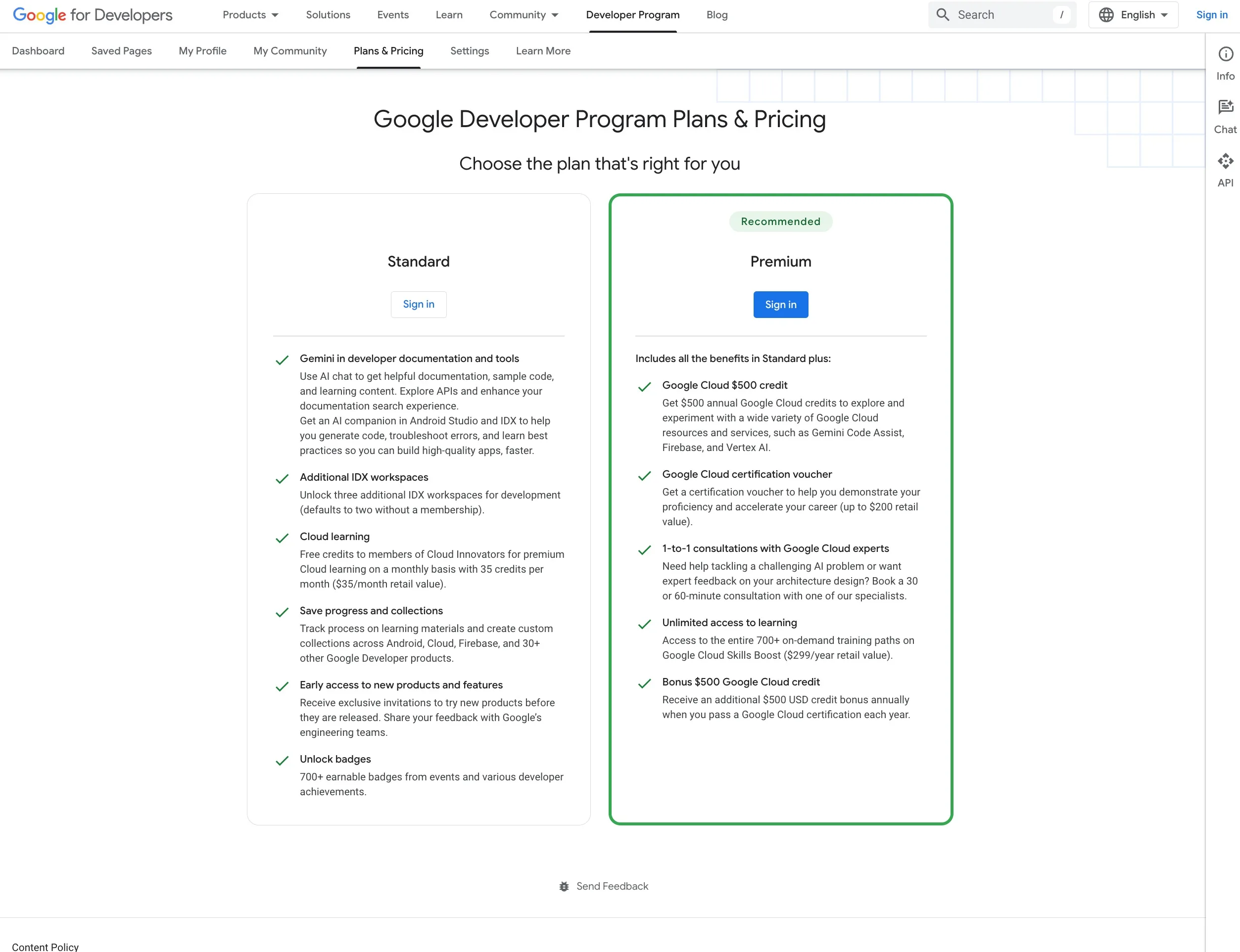 Pricing plans Google Developer P