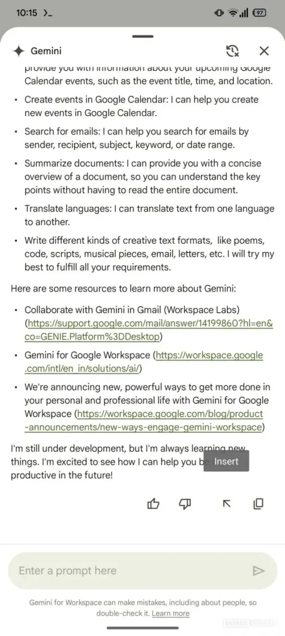 Gemini panel in Gmail with inser