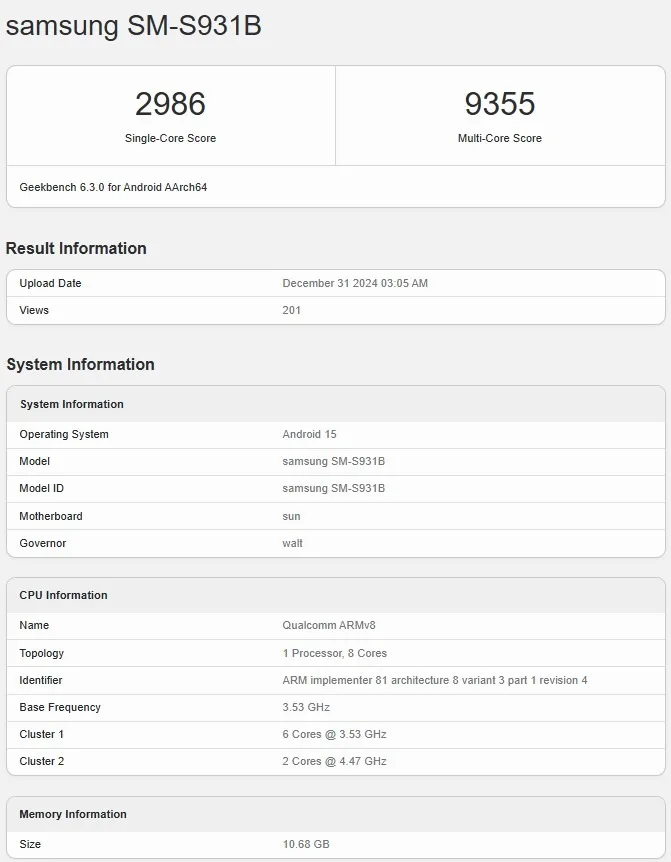 Samsung Galaxy S25 GeekBench