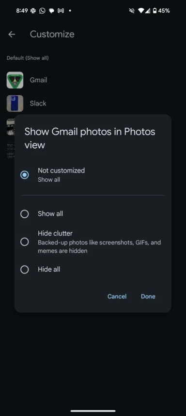 Google Photos Customize hide clu